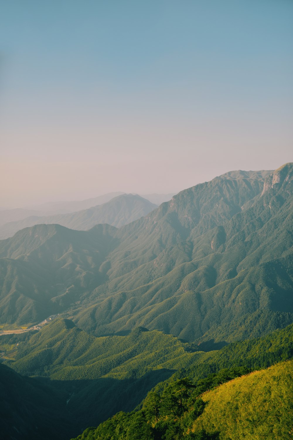 a valley with trees and mountains in the background