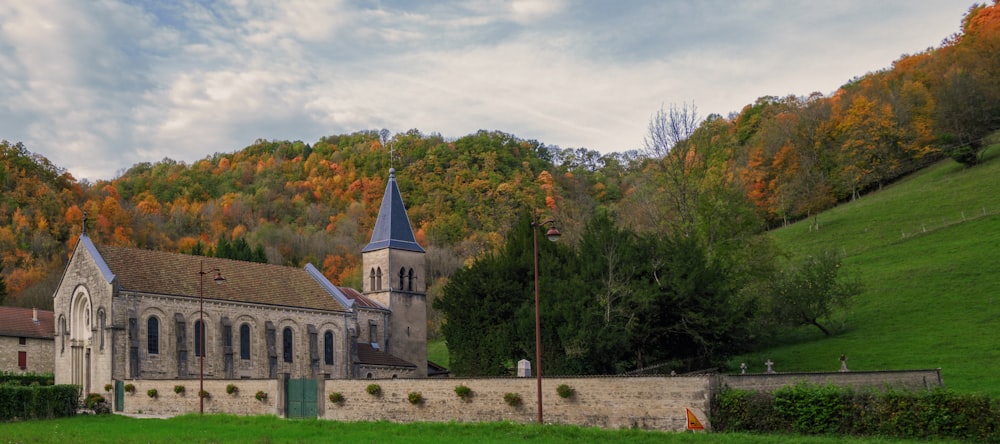a church in a green field