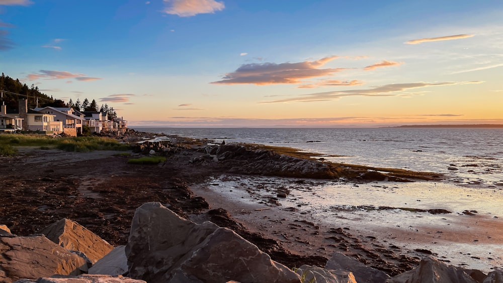 a rocky beach with houses and water