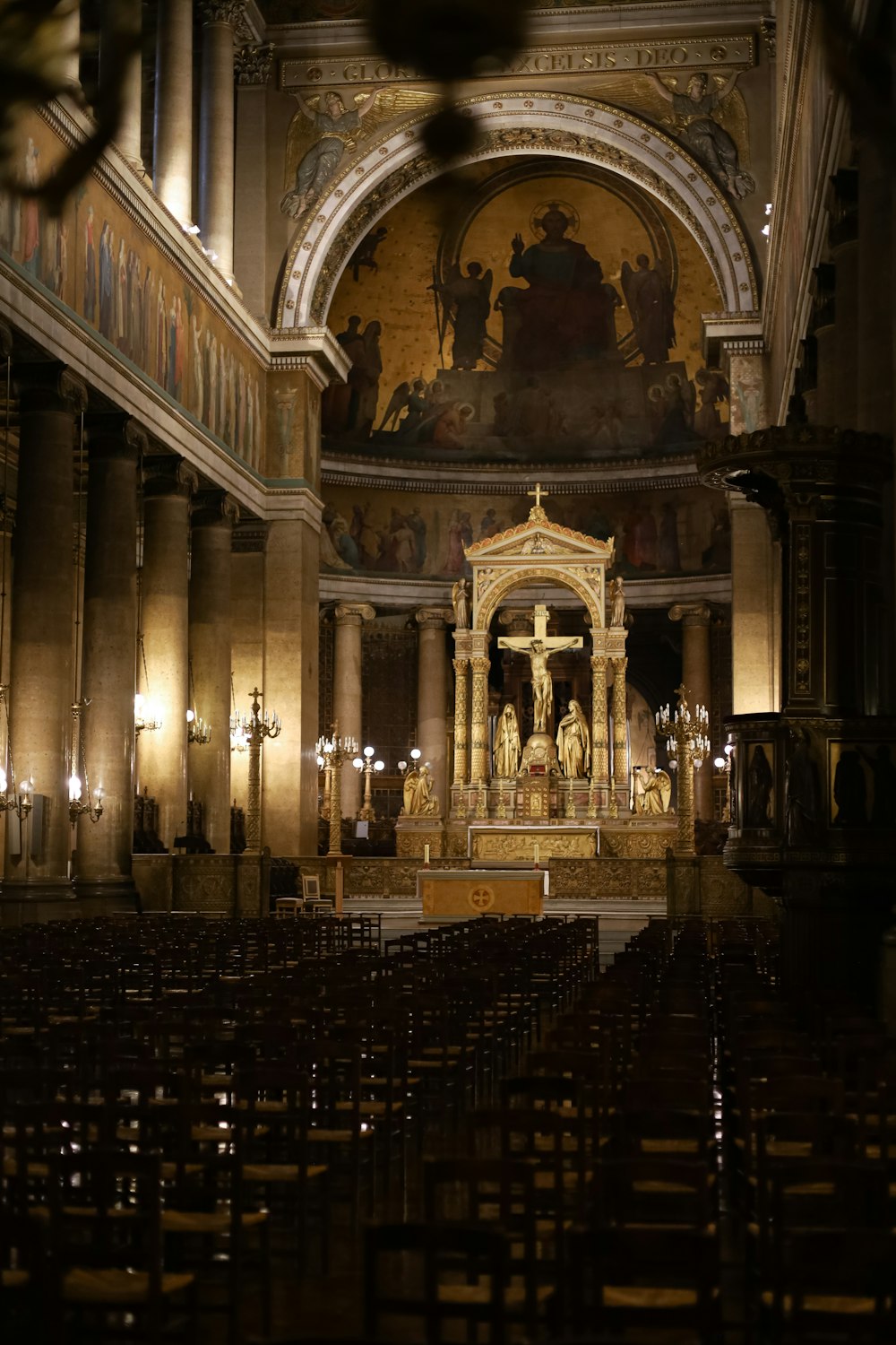 a large church with a large statue