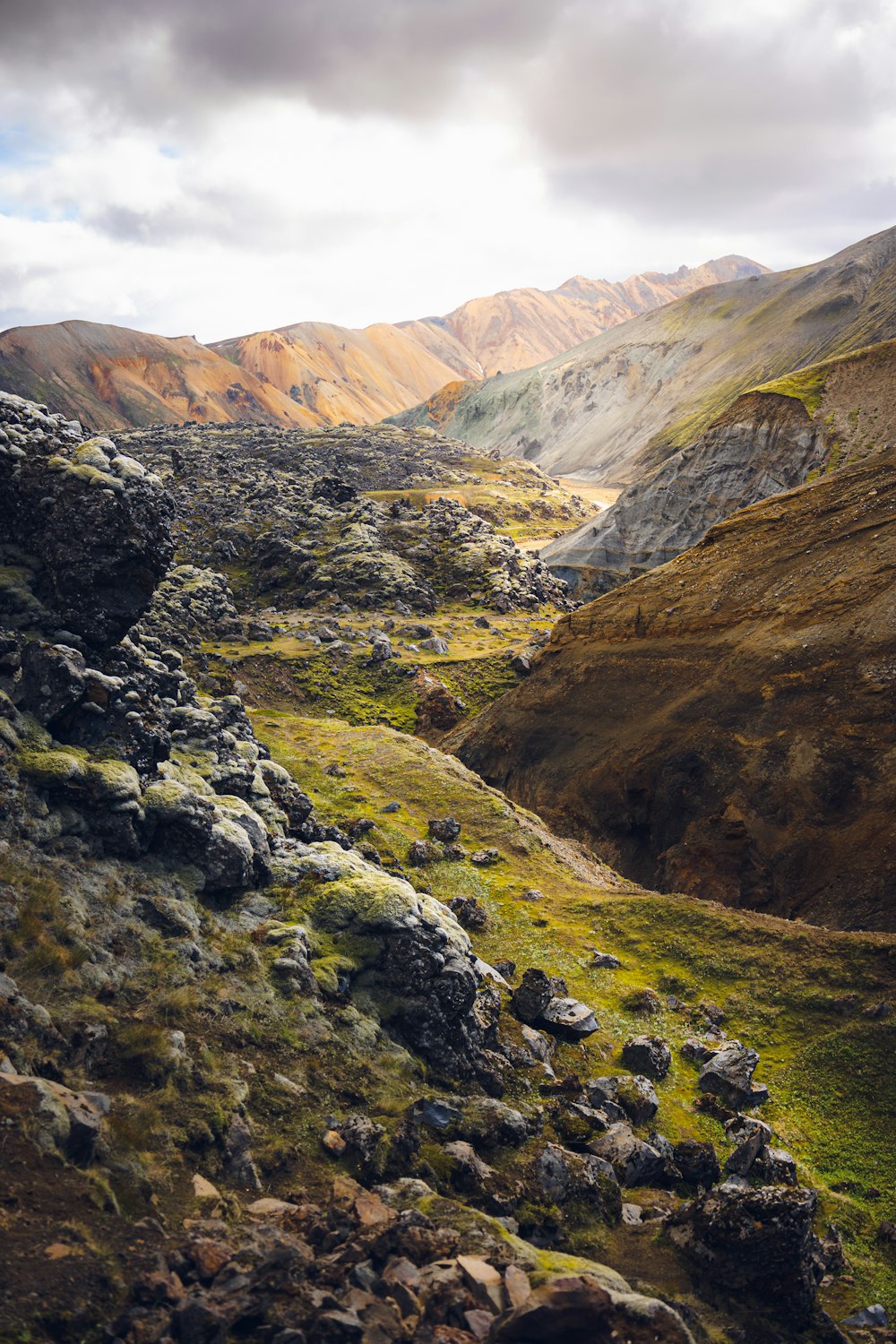 a rocky valley with a river running through it