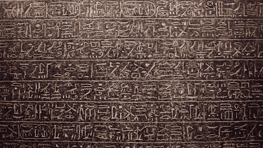 Close-up of ancient African language symbols carved on stone tablets.