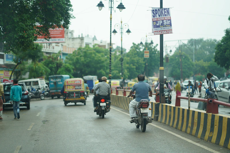 Busy Indian street with traffic and outdoor advertising context