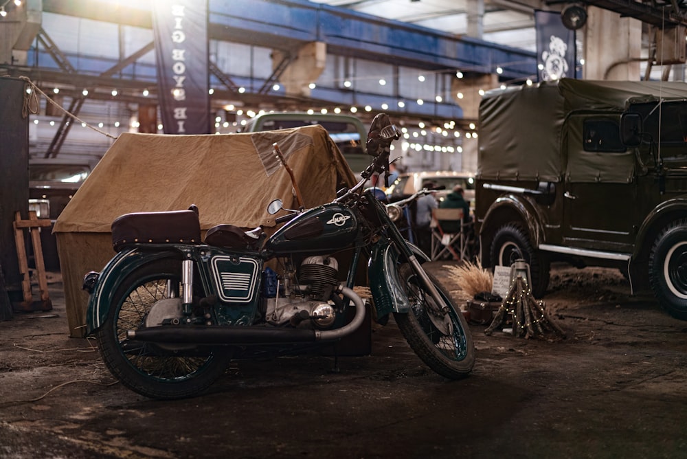 a motorcycle parked on the side of a building