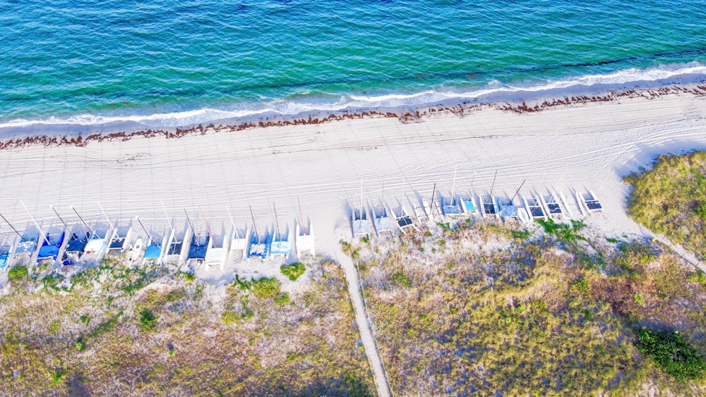 a beach with many chairs and umbrellas