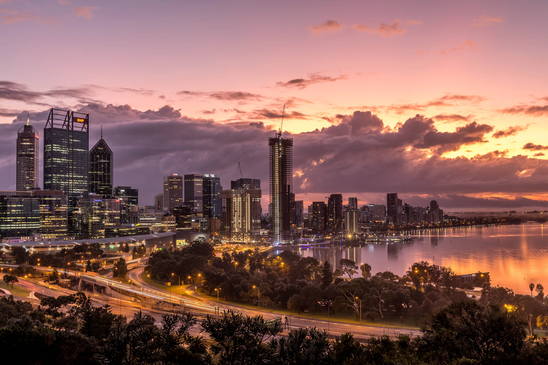 Perth city skyline under blue sky, Western Australia