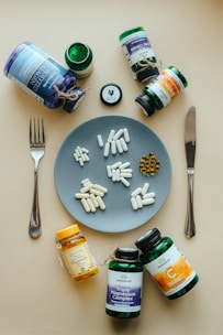 a plate of food and drinks