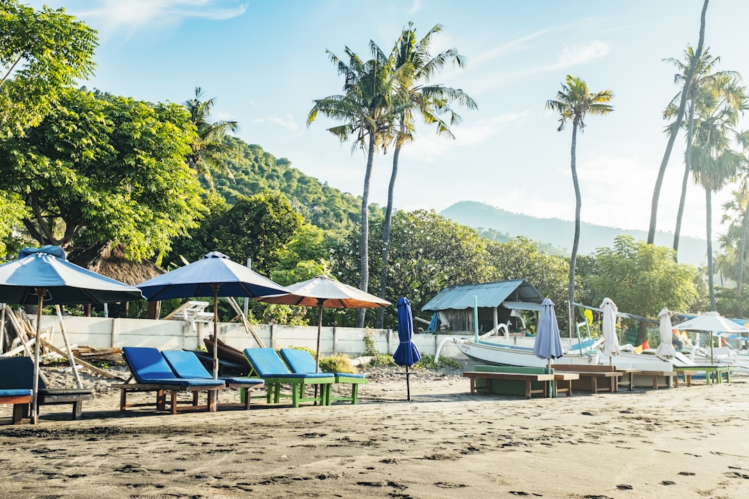 a beach is filled with umbrellas,