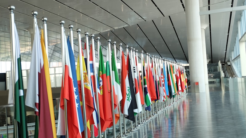 A row of international flags displayed in a modern conference hall