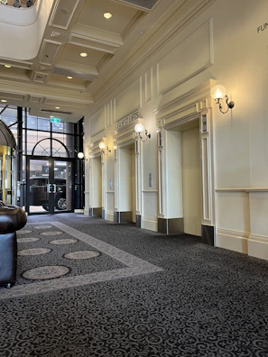 A stylish hallway featuring a levitex lift with subtle metallic accents and ambient lighting.