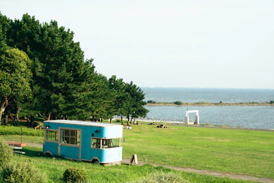 A turquoise food truck is parked on a lush green lawn near a scenic coastline. The backdrop includes a large body of water and a line of trees providing shade. A few benches and tables are scattered across the grass, and a small white structure is visible in the distance.