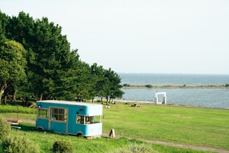 A turquoise food truck is parked on a lush green lawn near a scenic coastline. The backdrop includes a large body of water and a line of trees providing shade. A few benches and tables are scattered across the grass, and a small white structure is visible in the distance.