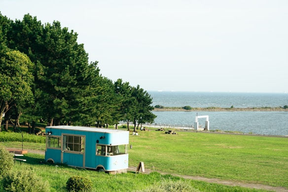A turquoise food truck is parked on a lush green lawn near a scenic coastline. The backdrop includes a large body of water and a line of trees providing shade. A few benches and tables are scattered across the grass, and a small white structure is visible in the distance.
