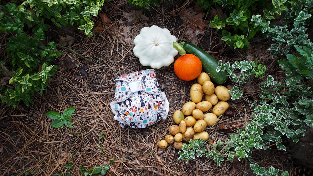 a basket of eggs and a flower