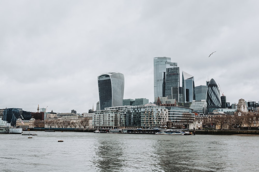 a city skyline with a river