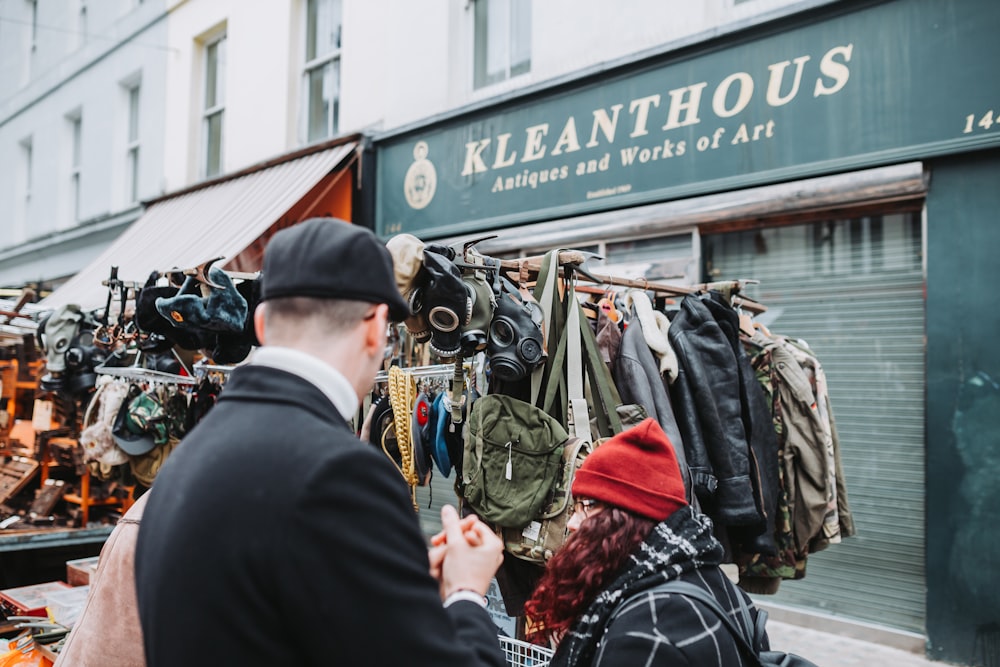 a group of people outside a store