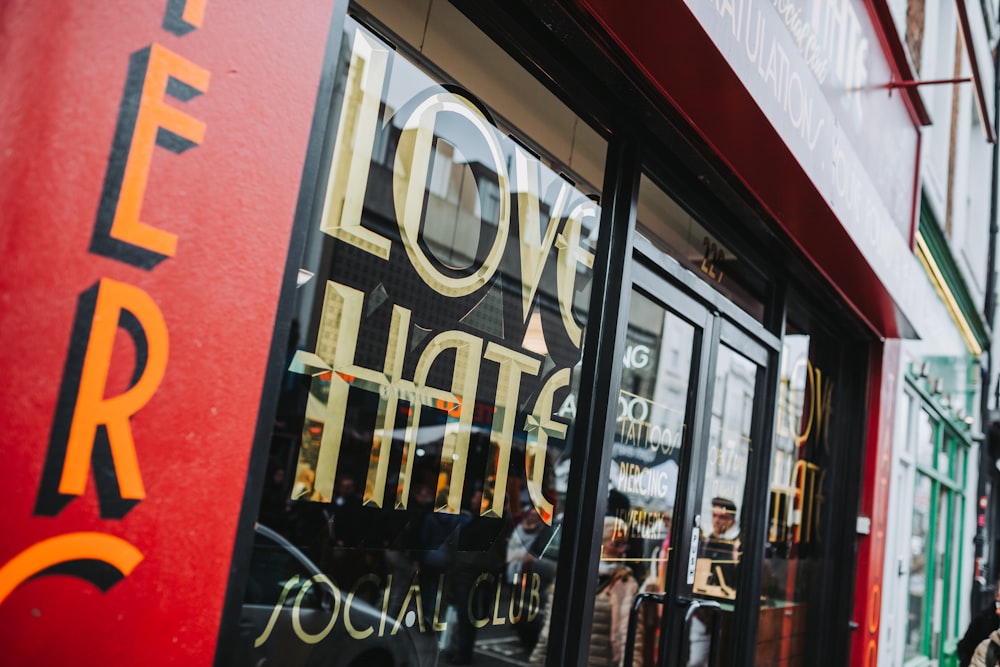 a store front with a sign