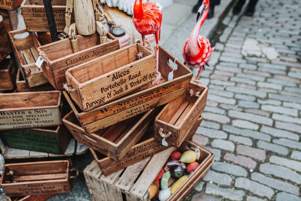 a group of crates with fruit