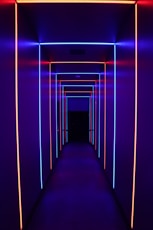a dark room with a blue light