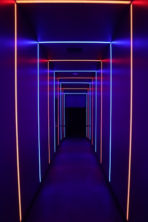 a dark room with a blue light