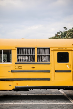 A yellow school bus is parked in a lot. The bus features large windows with gray curtains and an emergency exit on the side. Black stripes and the number 220052 are painted on the bus. The background includes trees and a cloudy sky.