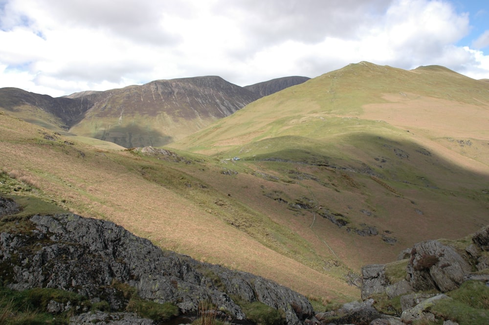 a grassy valley with rocks