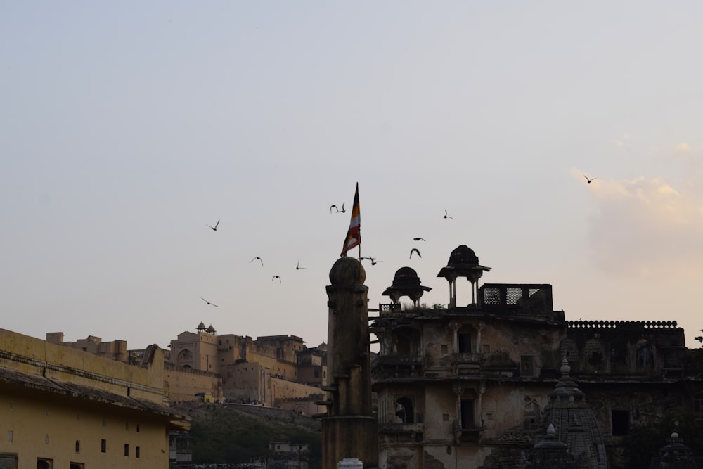 a flag on a pole in front of a building with birds flying