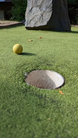 A close-up of a golf simulator screen displaying a golf course landscape.