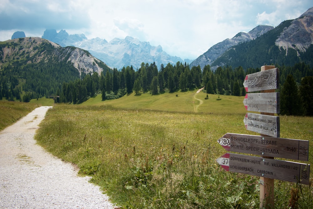 a trail with signs on it and mountains in the background