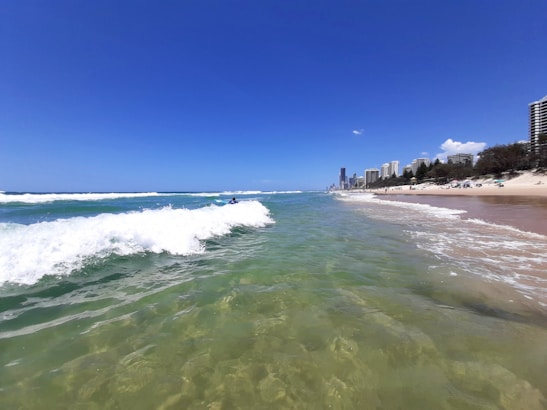 Clear ocean water with small waves, sandy beach, and high-rise buildings in the background. Trees line the shore, and people are scattered along the beach. The sky is bright blue with minimal clouds.