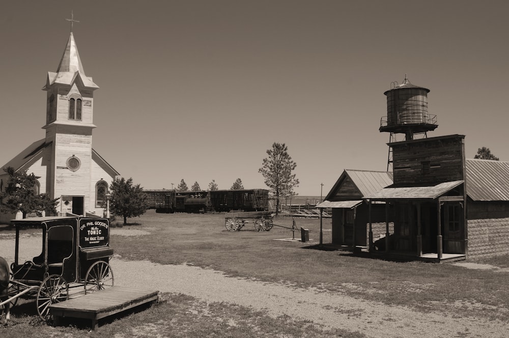 a church with a wagon in front