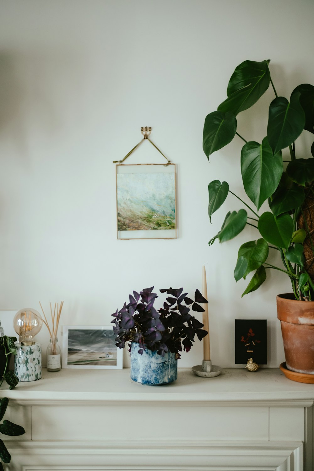 a vase with purple flowers on a white shelf