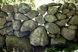 A stacked stone wall composed of irregularly shaped rocks, surrounded by green foliage and dappled with sunlight. The rocks vary in size and texture, with a mix of earthy tones like brown and grey, and some covered with spots of moss or lichen. Bright green leaves are visible at the top, suggesting a natural outdoor setting.