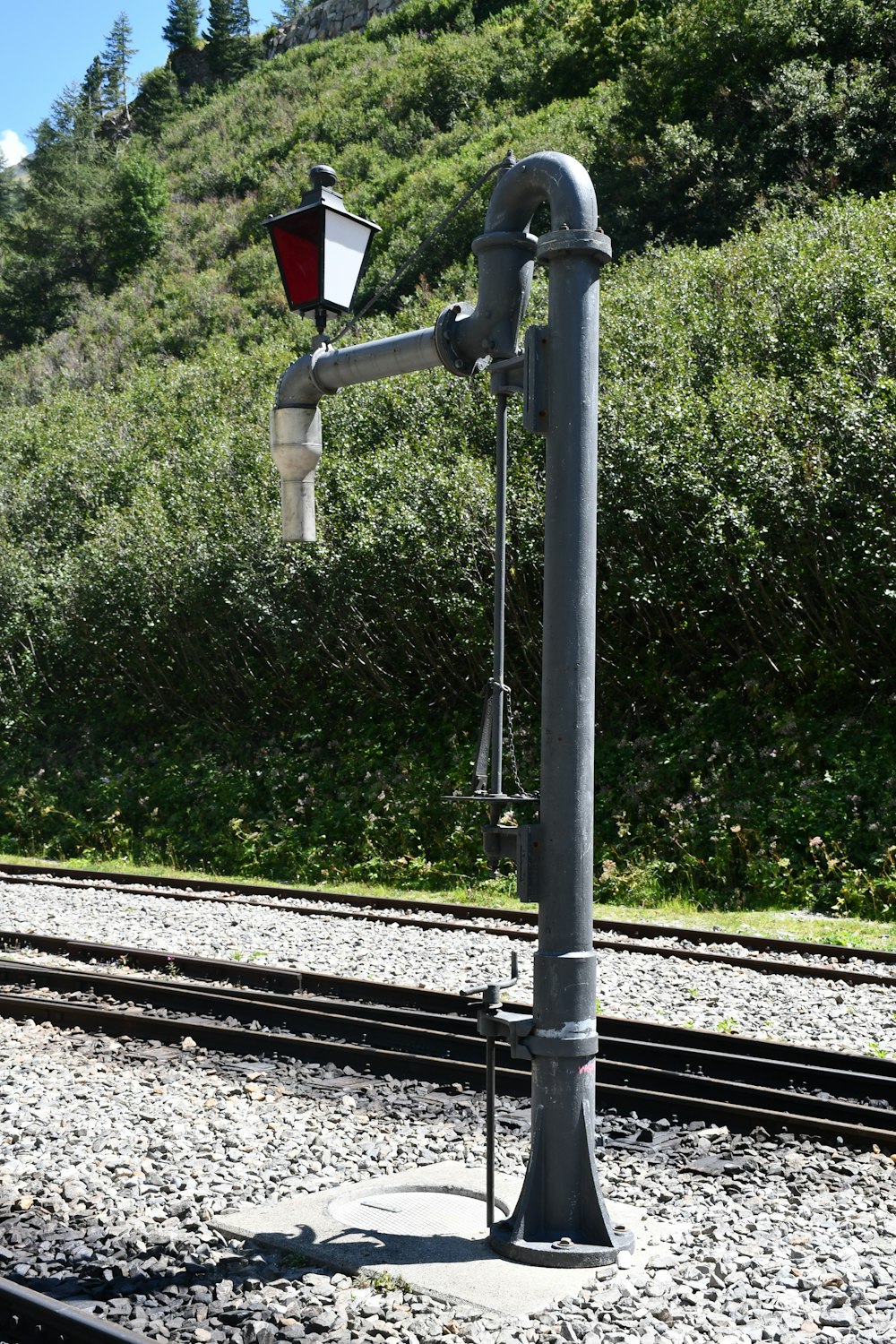 a train track with a flag on it