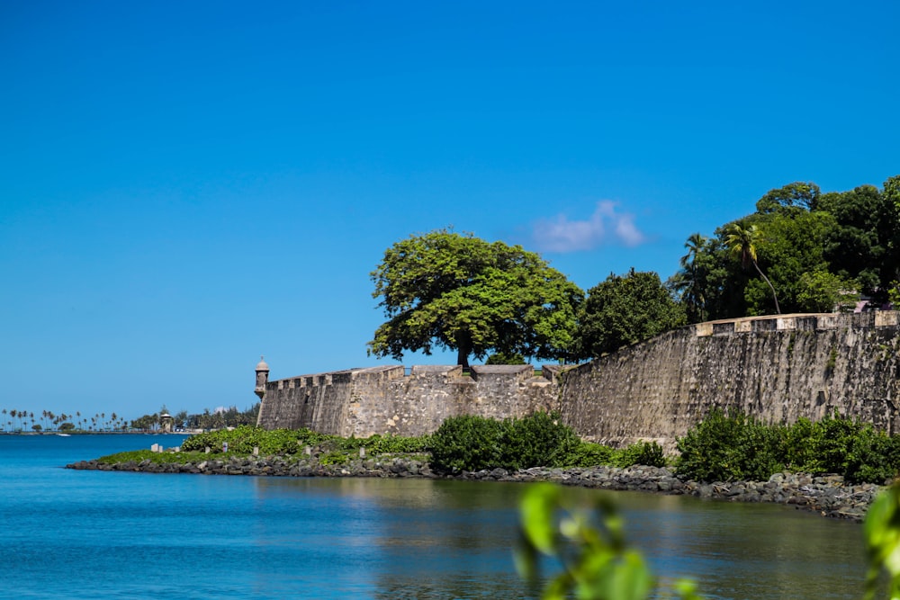 a stone wall with trees and a body of water in the background