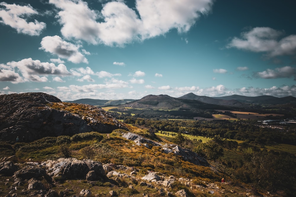 a landscape with mountains and clouds