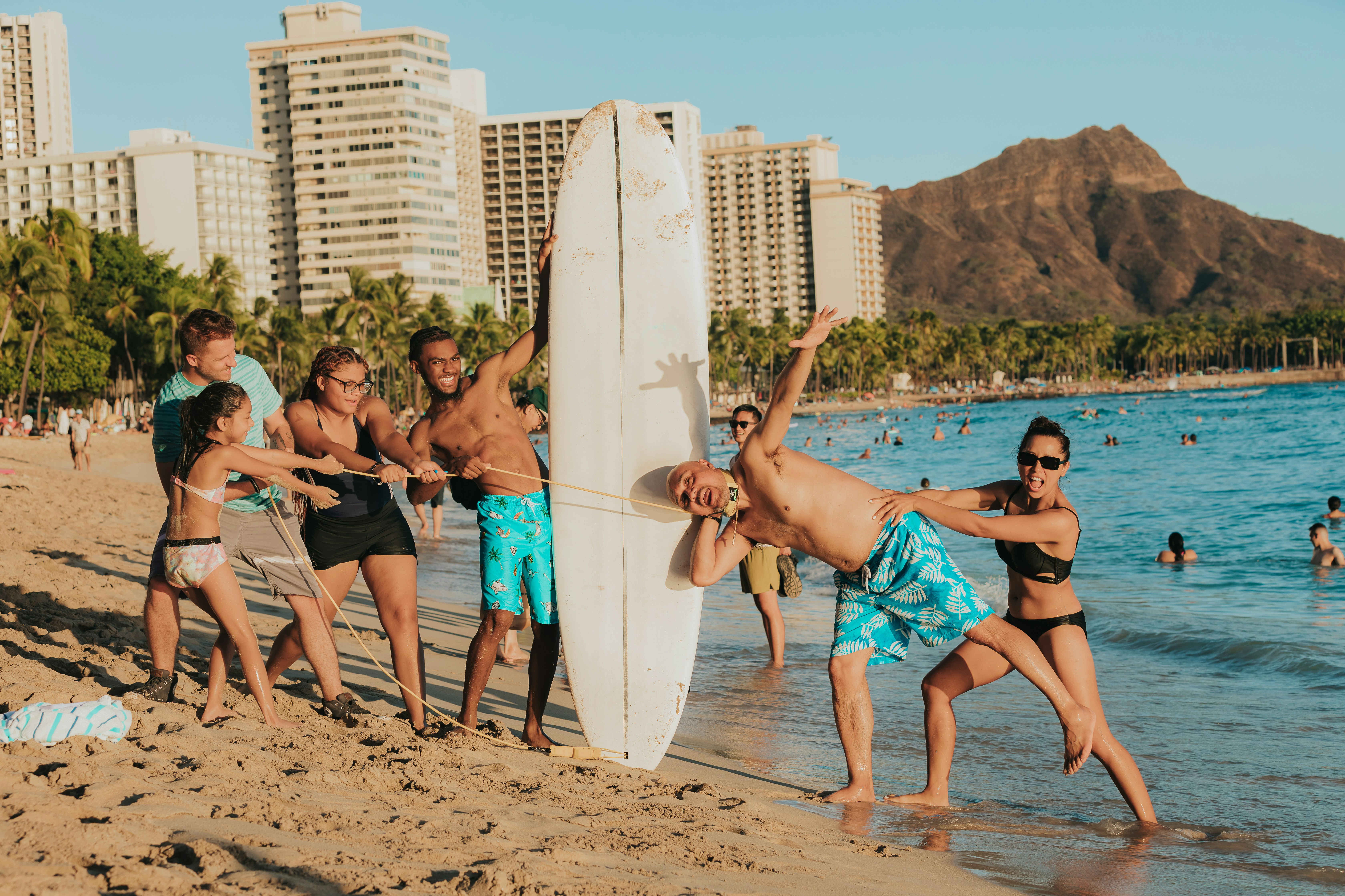 a group of people on a beach