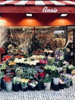 A charming flower shop displays a variety of colorful flowers and plants in assorted buckets and containers. The shop has a red and white striped awning with the name 'Anaïs' on it. Numerous bunches of flowers including roses, tulips, and other floral assortments are neatly arranged with price tags attached. The scene is vibrant with greenery and a backdrop of decorative lights that add a warm glow.
