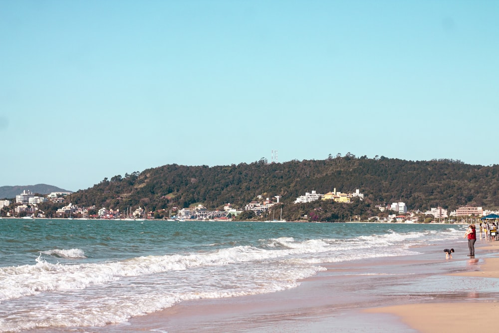 a beach with people and houses in the background