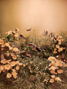 A serene garden scene with butterflies fluttering around.