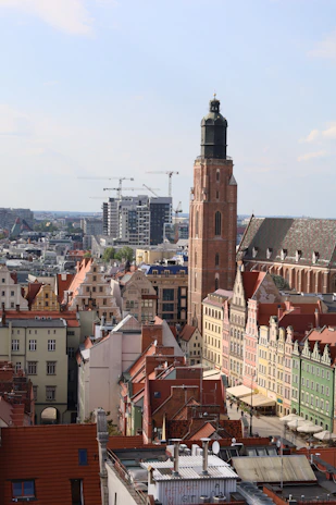 A vibrant European cityscape blending modern technology and historic architecture.