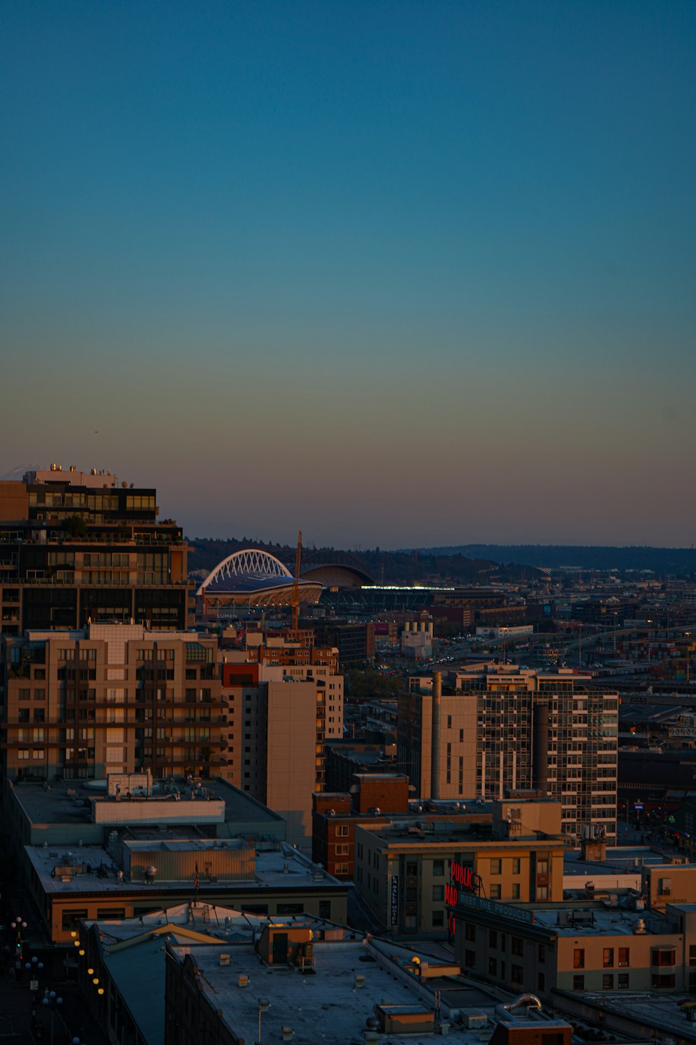 a city with a ferris wheel in the background