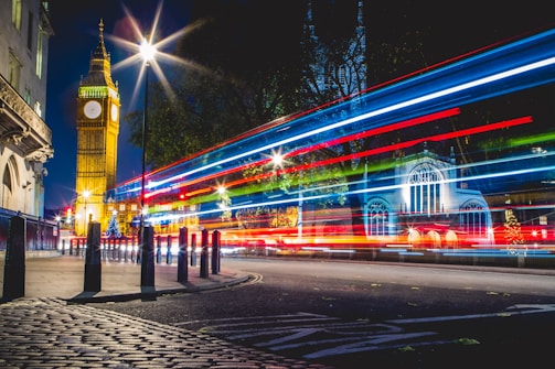 a clock tower with lights