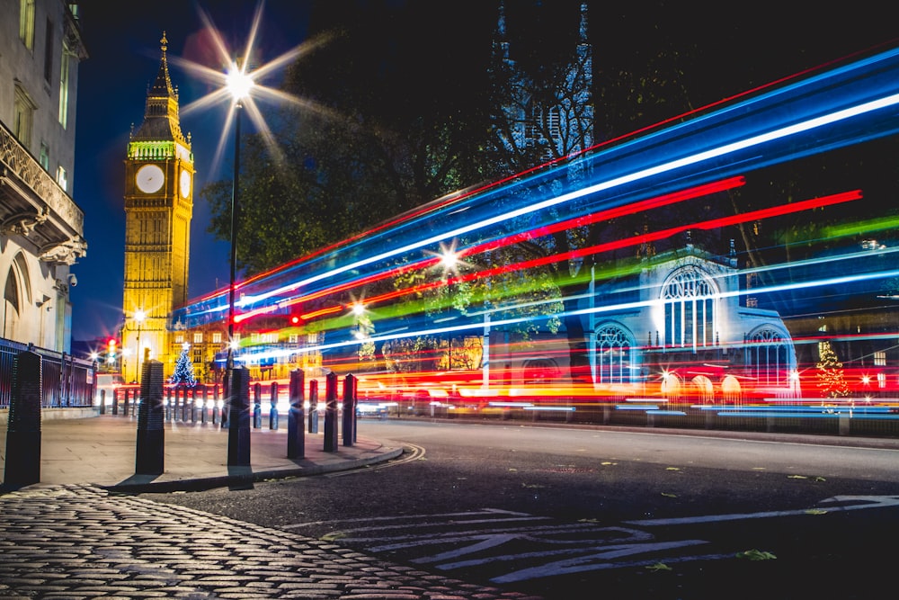 a clock tower with lights