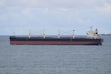 A large cargo ship is sailing on a calm sea under a partly cloudy sky. The vessel is predominantly black with a red hull and has white superstructures with cranes and a flag at the stern.