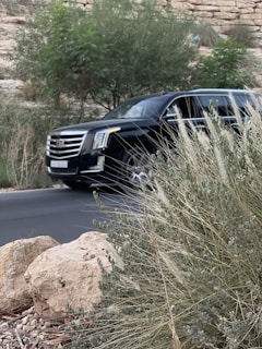 a black car parked on the side of a road
