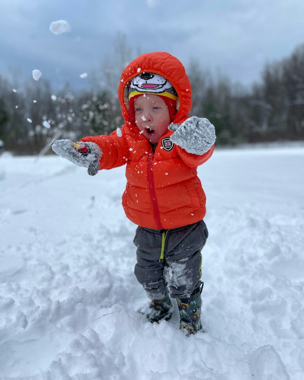 a child in a red coat and hat in the snow