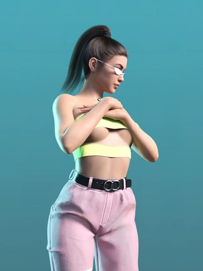 A 3D-rendered female character poses against a solid turquoise background. She has brown hair styled in a high ponytail and wears futuristic white sunglasses, a lime green strapless top, and high-waisted pink pants with a black belt. Her arms are crossed in front of her as she looks down contemplatively.