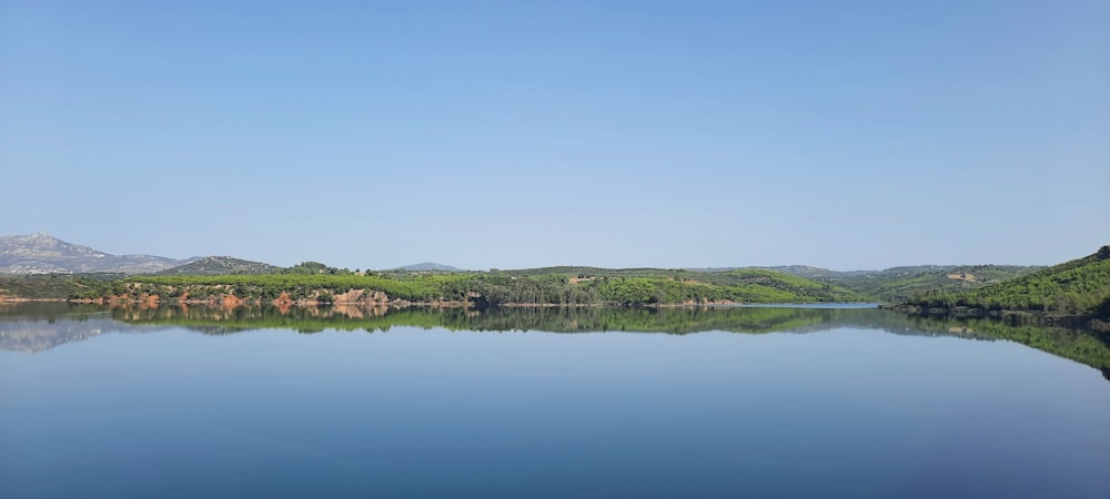 a body of water with land in the back