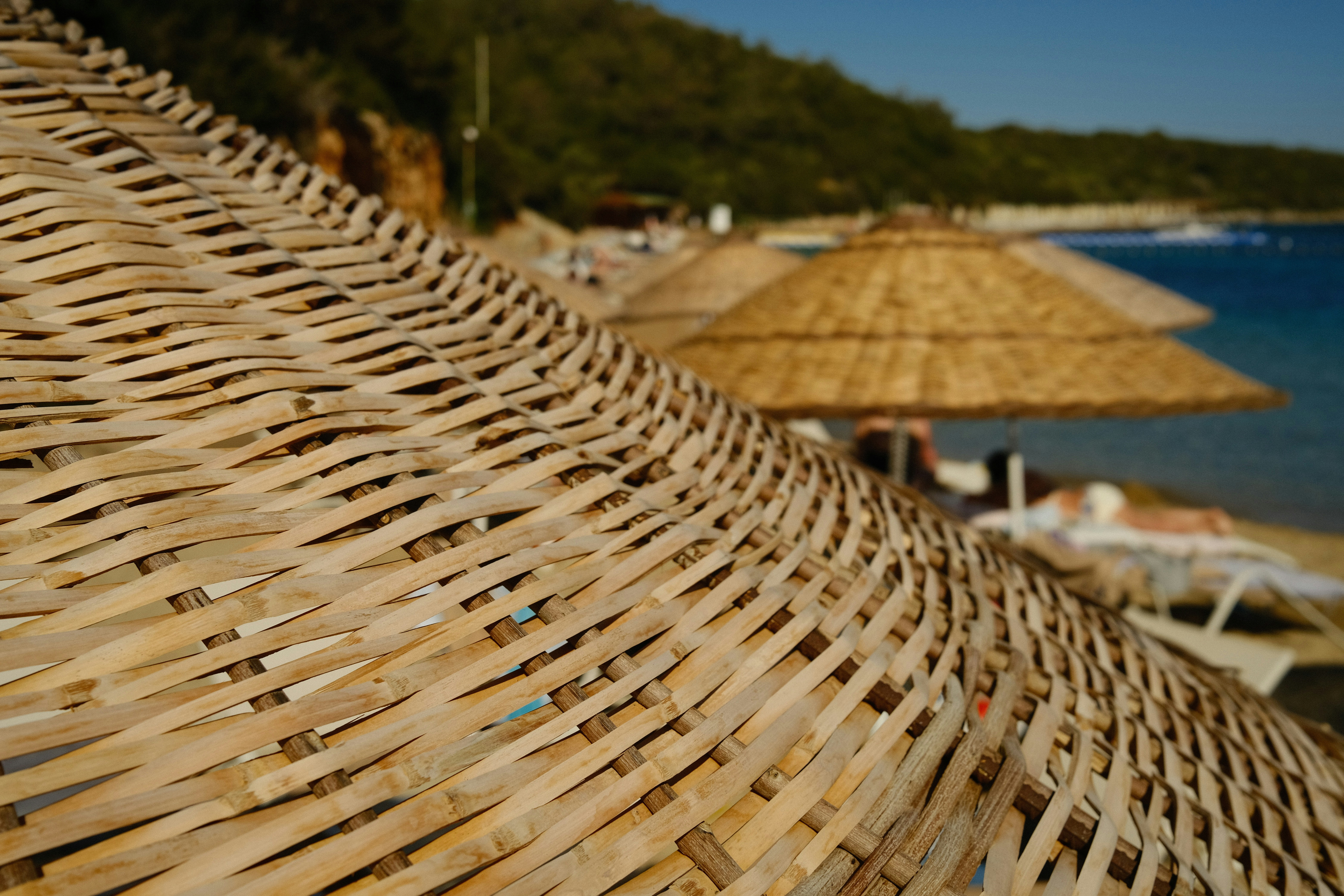 una spiaggia con un ombrellone di paglia